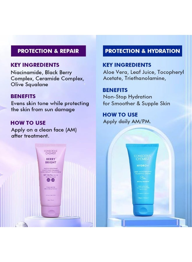 كيميائي واعي مجموعة واقي الشمس والمرطب من كونشيس كيميست | عامل حماية من الشمس 50 PA++++ | 150 غرام | واقي شمس للبشرة الدهنية مع النياسيناميد والتوت الأسود | مرطب بحمض الهيالورونيك للبشرة الجافة مع السيراميد | خفيف الوزن، مرطب، مقاوم للماء | | بيري برايت وهيدرو+ - Image 3